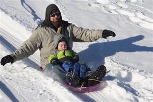 A dad and young son sledding